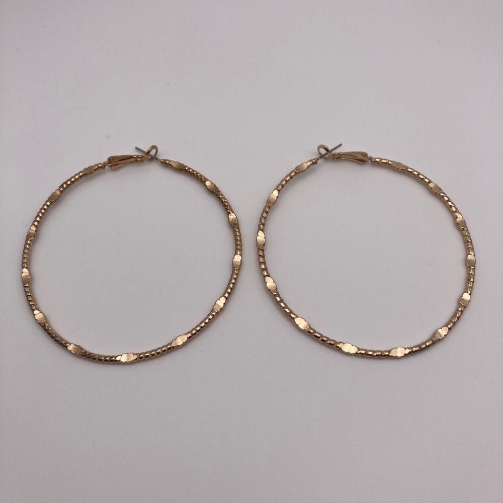 Gold Tone Textured Beaded Hoop Earrings Oversized 2.5 Inch Costume Jewelry